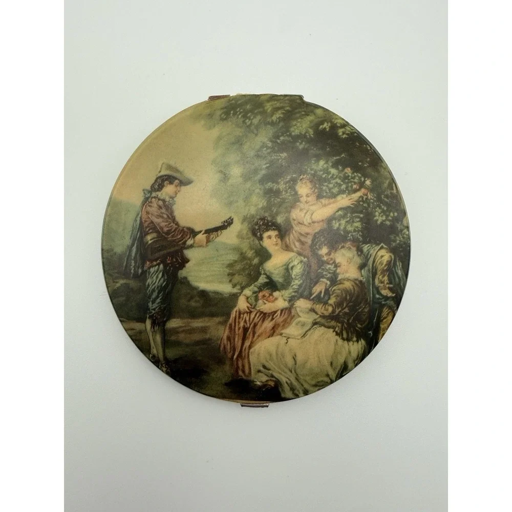 Wonderful antique powder compact with mirror, pink ostrich puff victorian